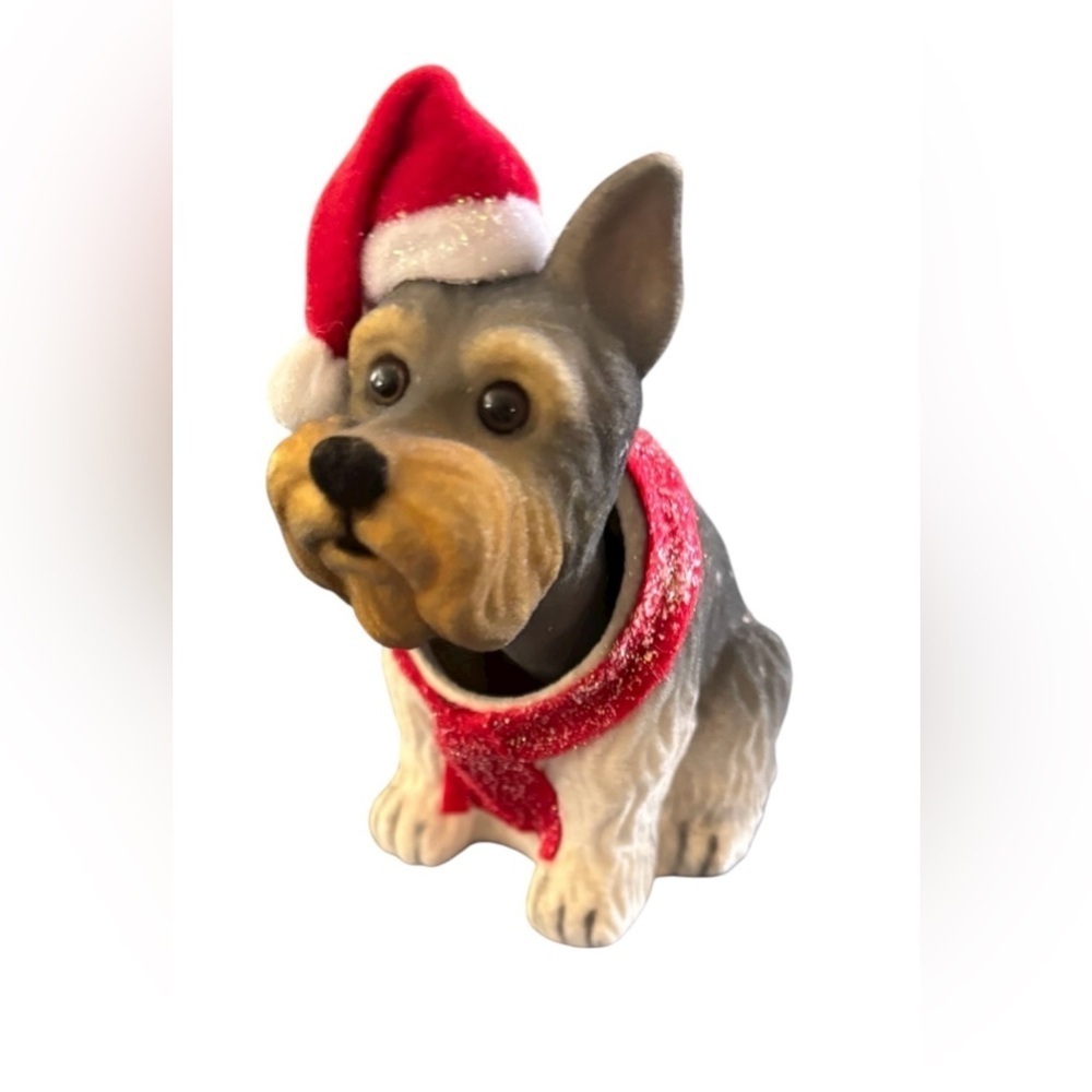 Holiday Schnauzer Dog Bobble Head Santa Hat Ornament 4” Christmas Decoration